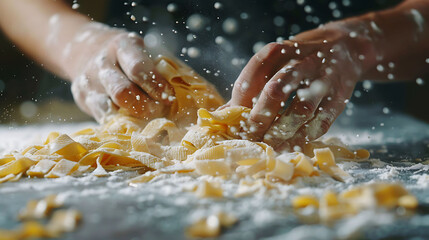 Fresh pasta being formed as flour flies through the kitchen