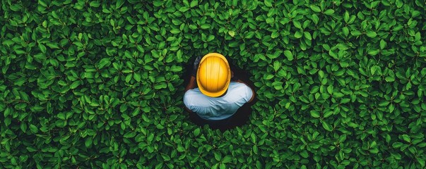 Naklejka premium A worker in a yellow hard hat stands amidst lush green foliage, emphasizing nature and ecology.