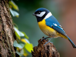 Obraz premium Vibrant Blue and Yellow Bird Closeup on Weathered Wood - Serene Nature Wildlife Portrait with Soft Lighting and Textured Details