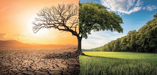 Fototapeta premium Contrasting Divides Dual Nature of Transition, Stark Tree Symbolism of Renewal and Unity in Changing Environments
