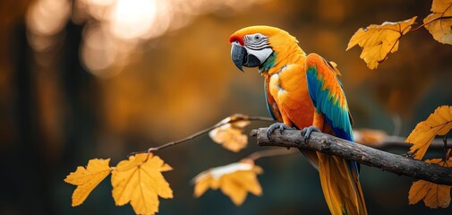 Vibrant Macaw Parrot Close-Up on Branch in Serene Forest Setting - Exotic Feathered Beauty in Golden Light