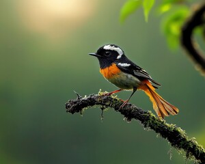 Fototapeta premium Vibrant Orange Plumaged Bird Perched On Mossy Branch In Serene Woodland Setting