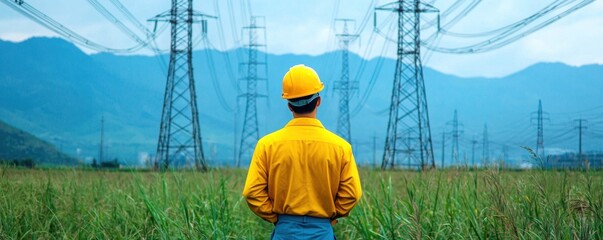 Worker in yellow helmet watching electrical power lines in green field against mountain backdrop.