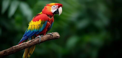 Obraz premium Vibrant Scarlet Macaw Closeup in Lush Tropical Habitat - Exotic Bird with Colorful Plumage Perched on Branch, Serene Forest Background - Wildlife Photography, Nature Documentary, Tranquil Jungle