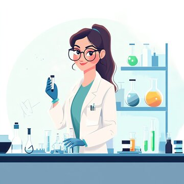 A female scientist with glasses, in the laboratory experiments illustration 2d style