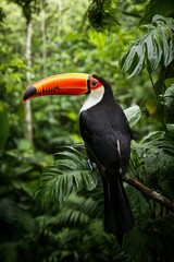 Obraz premium Vibrant Toucan Closeup in Lush Tropical Forest - Exotic Bird with Colorful Plumage, Serene Nature Background, Wildlife Photography Concept