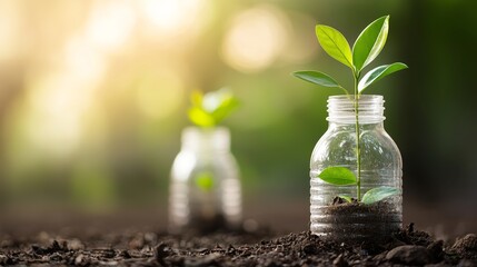 Environmental Renewal Vibrant Green Plants Sprouting from Plastic Bottles in Earthy Setting, Sustainable Growth Concept, Hopeful Eco-Friendly Lifestyle - Close-up Macro View