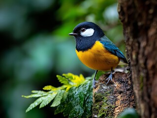 Fototapeta premium Vibrant Yellow Bird Perched on Mossy Tree Branch in Lush Forest - Closeup of Ornithology Beauty, Tranquil Natural Scene Wildlife Photography Concept
