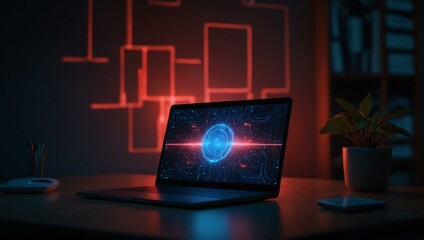 Laptop and phone with glowing blue and red interfaces.