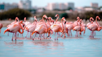 Obraz premium Elegant Pink Flamingos in Urban Oasis Serene Reflections and Graceful Postures - Nature Wildlife Scene Ideal for Travel Brochures and Decor