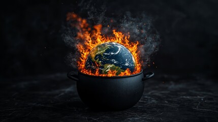 Fiery Global Catastrophe Burning Globe in Dark Cauldron - Apocalyptic Concept of Destruction and Climate Crisis
