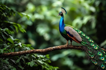 Obraz premium Majestic Peacock Display in Verdant Forest - Vibrant Feathers and Serene Nature Scene
