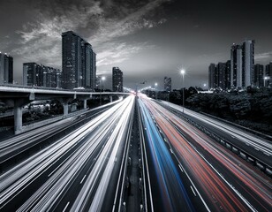 a black and white busy city highway with the bright colorful car lights streaming through out.