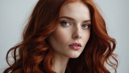 Fototapeta premium Portrait of red-haired woman with neutral expression and direct gaze into camera
