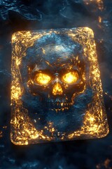 A skull is lit up with fire, creating a spooky and ominous atmosphere