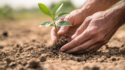 Nurturing Hope Close-Up Hand Planting Young Sapling in Earthy Garden - Environmental Growth Concept