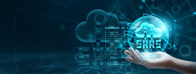 HaaS. Hand holding hardware service globe with network connecting data. Concept of digital technology, HaaS provides hardware on a subscription basis with maintenance and support included.
