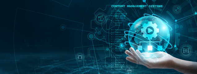 Hand holding a globe with a network connecting data, symbolizing the integration of digital technology, highlighting the role of content management systems in organizing and distributing information.