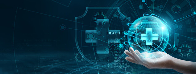 Healthcare. Hand holding a globe with network connecting data, representing the integration of digital technology in healthcare systems, enhancing patient care and optimizing medical data management.