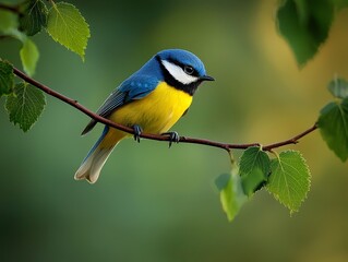 Obraz premium Serene Blue and Yellow Bird on Branch in Natural Green Habitat - Tranquil Wildlife Closeup with Soft Lighting and Detailed Texture for Nature Enthusiasts and Birdwatchers