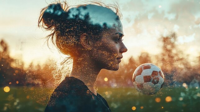 Close-up portrait of a female soccer player with a football during sunset, showcasing determination and passion in the game