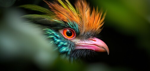 Fototapeta premium Vibrant Avian Beauty Close-Up Macro Portrait of Colorful Bird with Bright Orange Eye in Lush Foliage Setting - Tranquil Nature Photography Ideal for Decor and Editorial Use