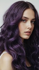 Fototapeta premium Portrait of woman with curly purple hair and neutral expression against muted background