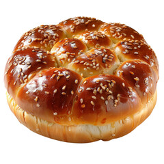 Freshly baked, golden brown bread roll topped with sesame seeds, isolated on white background, transparent background