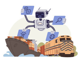 A smiling robot with four arms holds up icons representing automation, innovation, and global reach over a cargo ship and freight train. Ideal for logistics technology, supply chain management