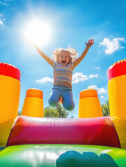 A joyous child leaps in mid-air on a colorful bounce house under a bright blue sky, capturing pure, carefree happiness.