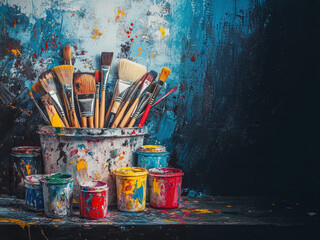 A vibrant array of well-used paintbrushes in a splattered can, surrounded by colorful paint cans against an expressive, splatter-covered backdrop.