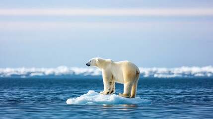 Naklejka premium Solitude of the Arctic Majestic Polar Bear on Ice Floe in Vast Ocean Landscape