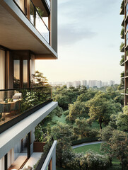 Elegant balcony view from a modern apartment with vibrant greenery and a panoramic cityscape in the distance.