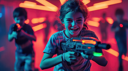 A child beams with excitement while playing laser tag, neon lights creating an adrenaline-filled and immersive atmosphere.