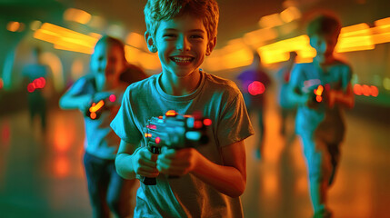 A boy gleefully charges forward in a laser tag arena, surrounded by dynamic neon lights and an atmosphere of playful competition.