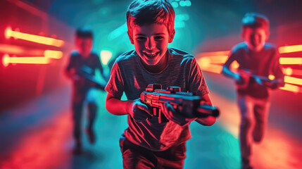 Excited children playing laser tag, illuminated by neon lights, in an action-packed and thrilling environment.