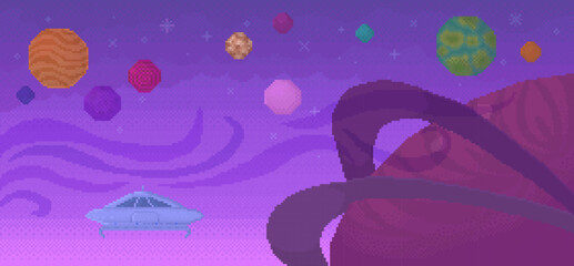 An alien spaceship navigates a vibrant galaxy filled with multi-colored planets and swirling cosmic patterns. Retro pixel art style evokes a sense of nostalgia. Ideal for sci-fi, space exploration