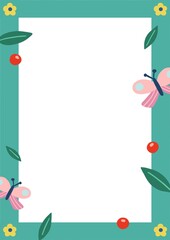 cute pink butterfly with tiny yellow flowers and leaf on green frame border , illustration paper and greeting card template
