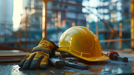 A bright helmet placed on a sturdy table in a construction site