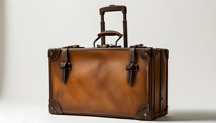 Timeless brown leather suitcase with reinforced corners, ideal for travel or vintage decor against...