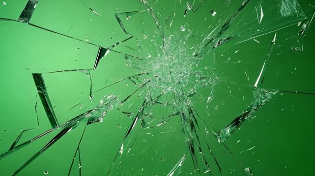 Green screen chroma key footage of broken glass shattering, perfect for action movies, visual effects, and other creative projects
