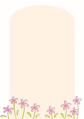 tiny pink flower with leaves in a garden with orange frame background, wedding, greeting card template.