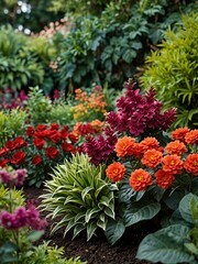 Lush plants with rich greens and vibrant blooms.