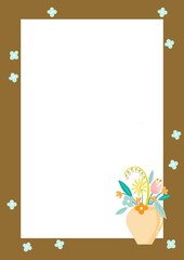 little colorful flowers in a vase with tiny blue flower sprinkle on brown frame, illustration flower card template