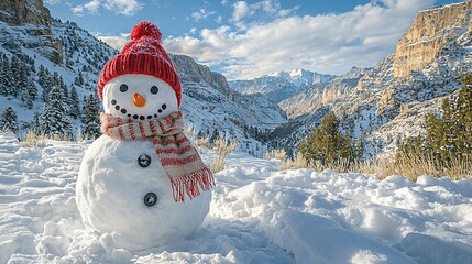 Obraz premium A snowman in a red hat and scarf stands in the snow, in front of a mountain with a valley in the background