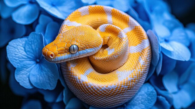   Close-up of yellow and white snake on branch with blue flowers and blue sky background
