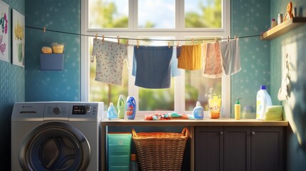 Cozy Laundry Room with Clothes Hanging to Dry