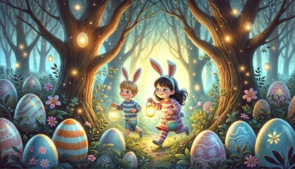 Fototapeta premium Enchanted Forest Easter Egg Hunt, Children with Lanterns, Magical Nighttime Scene