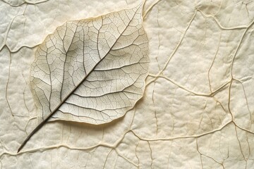 Obraz premium Hand pressed leaf texture against a piece of parchment, showing fine veins and natural patterns