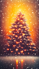 blurry background with lights and christmas tree, red yellow purble orange colors